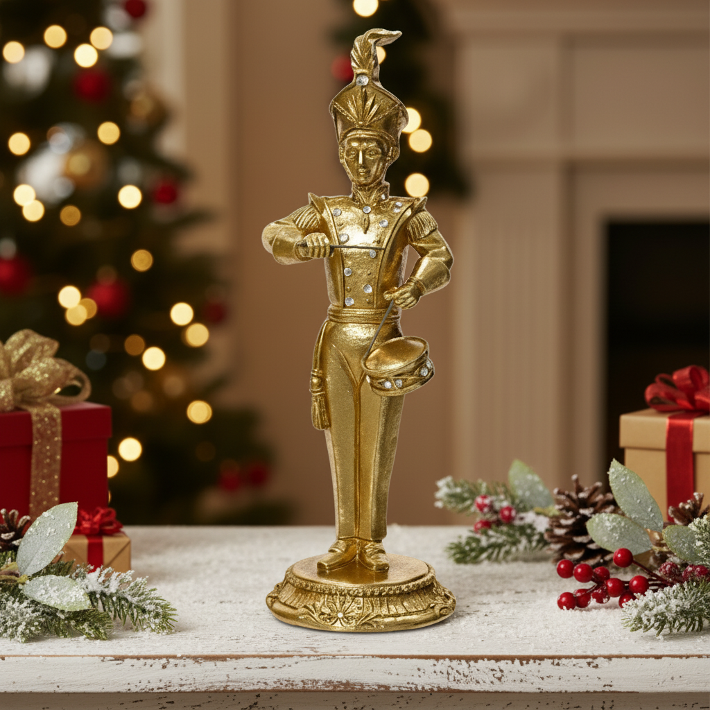 Gold figurine of a drummer in a festive setting with Christmas decorations.
