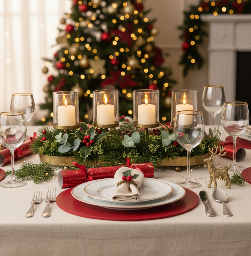Christmas table setting with candles, glasses, and a decorated tree in the background.