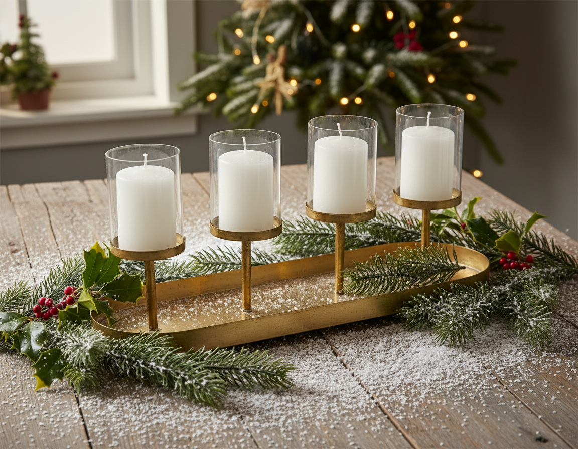 An antique gold vintage style candle holder with four glass hurricane holders and a metal oval tray.