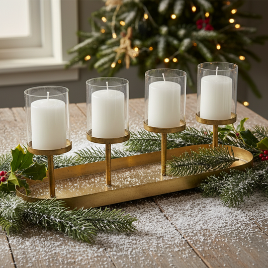 An antique gold vintage style candle holder with four glass hurricane holders and a metal oval tray.
