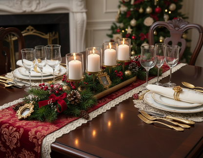 An antique gold vintage style candle holder with four glass hurricane holders and a metal oval tray.