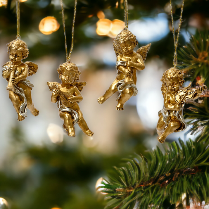 Set of 4 Gold and Silver Christmas Cherub Decorations