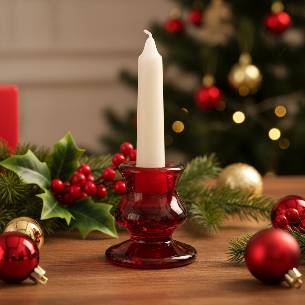 Red candle holder with a white candle on a wooden surface with Christmas decorations.