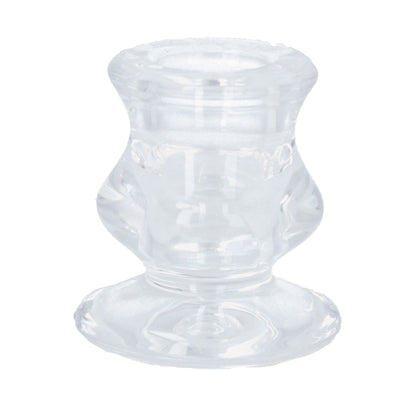 A clear glass candlestick holder with a conical base and a flared design, suitable for holding a Christmas candle.