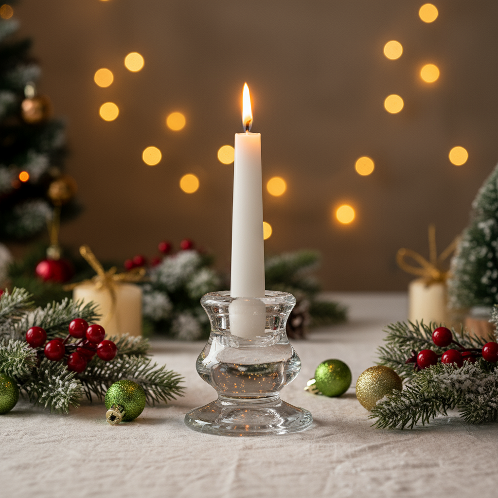Candle in a glass holder with Christmas decorations and blurred lights in the background