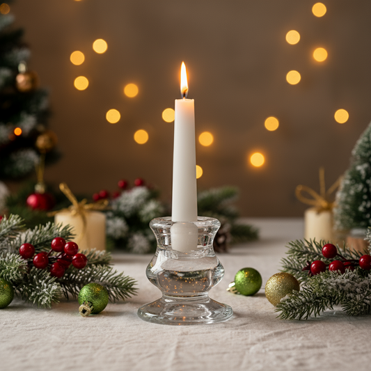 Candle in a glass holder with Christmas decorations and blurred lights in the background