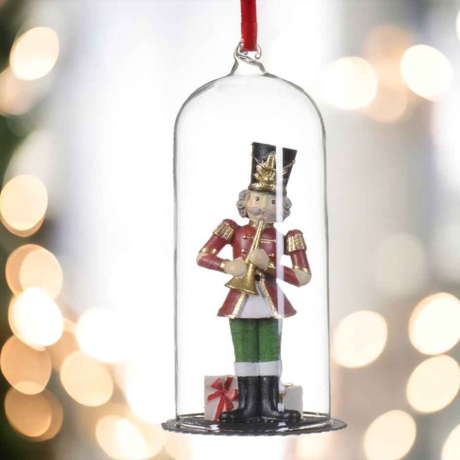 Hanging Glass Cloche with Nutcracker Christmas Decoration