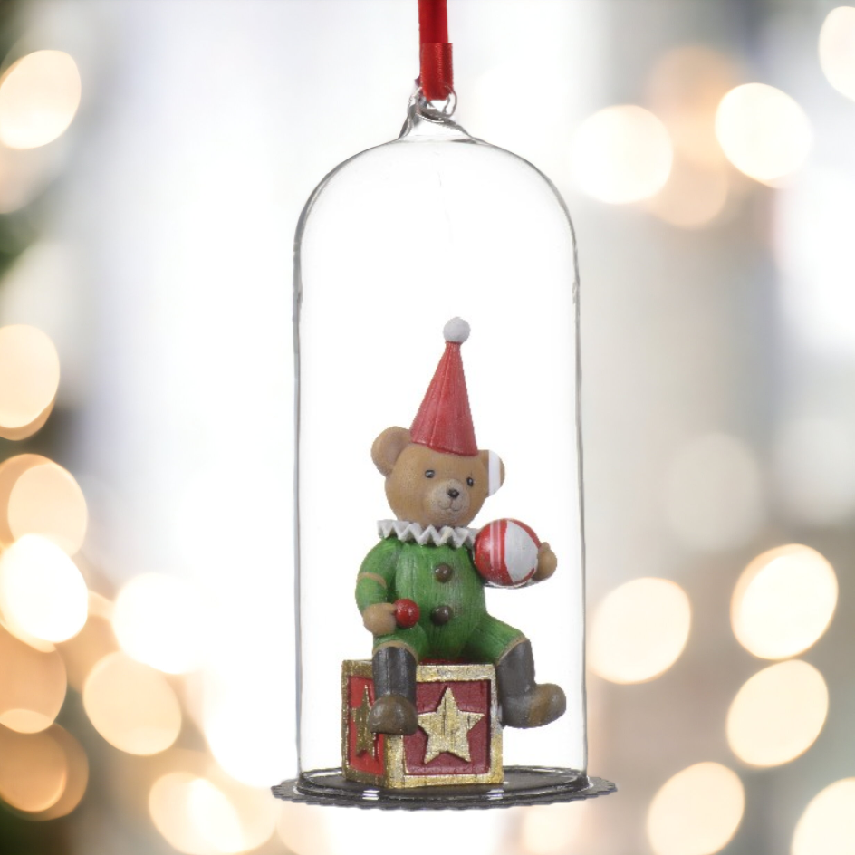Hanging Glass Cloche with Teddy Bear Christmas Decoration