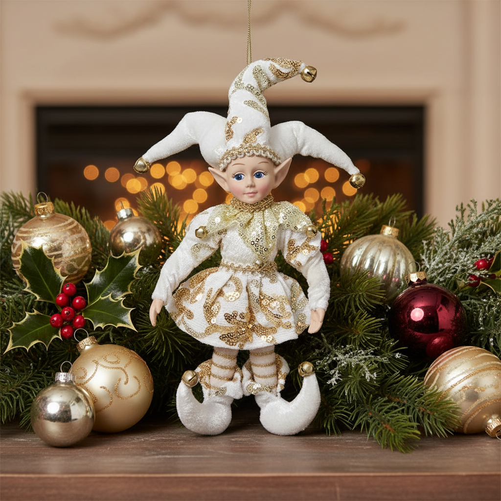 A hanging Christmas decoration featuring a white and gold elf with pointy ears and a hat with tiny bells.