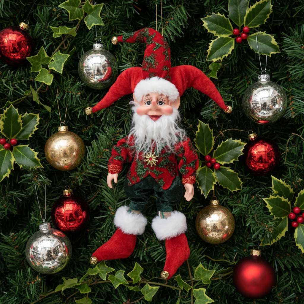 A red and green elf Christmas decoration with a happy facial expression, hanging from a string.