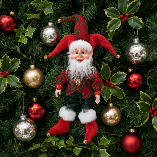 A red and green elf Christmas decoration with a happy facial expression, hanging from a string.