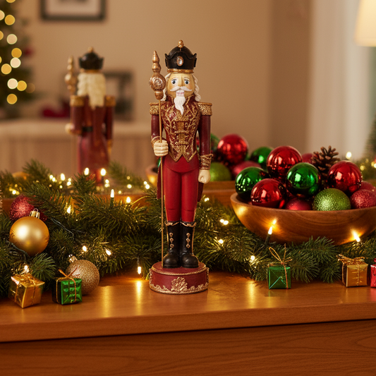 Decorative nutcracker figure on a Christmas-themed table with ornaments and lights.