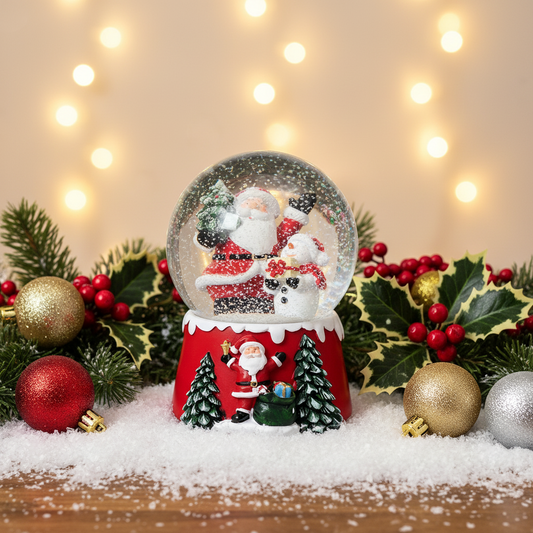 Christmas-themed snow globe with Santa Claus and snowman on a decorative background with lights and ornaments.