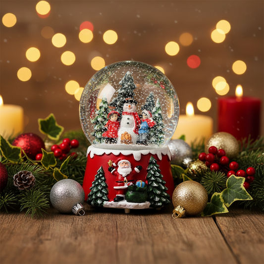 Christmas-themed snow globe with Santa Claus, snowman, and trees on a white background