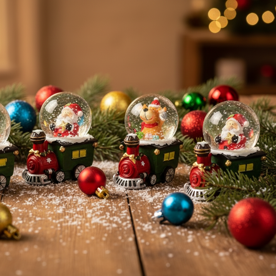 Decorative Christmas scene with snow globes on a wooden surface.