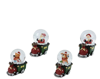 Set of four Christmas-themed snow globes with trains and Santa Claus figures on a white background.