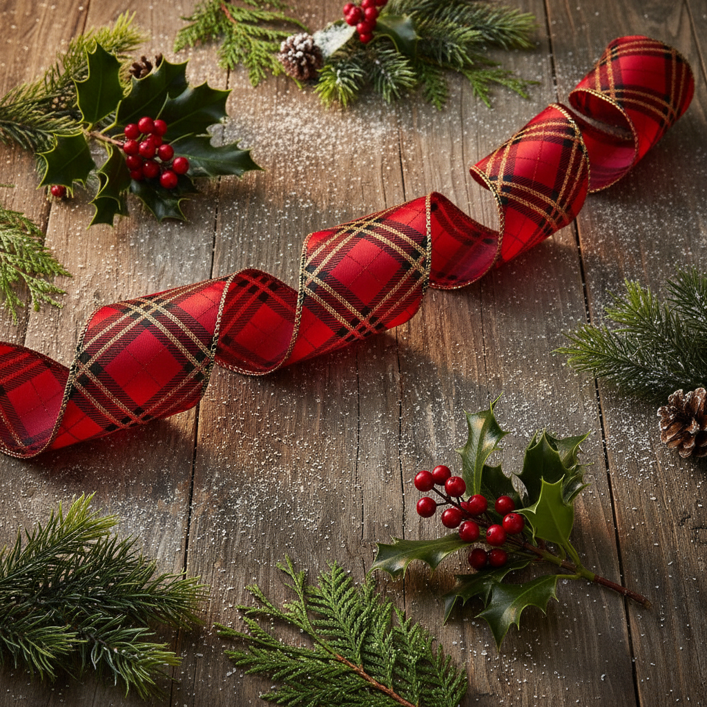 Red ribbon with black and gold plaid pattern on a white background
