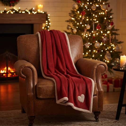 Red Christmas Throw with Heart Embroidery