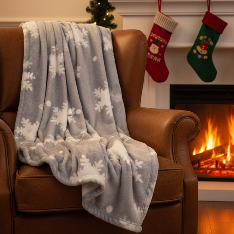 A grey blanket with a white snowflake pattern, folded or draped casually.