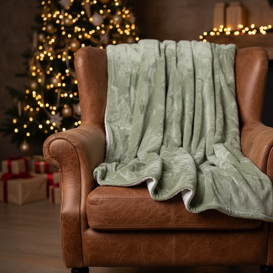 A folded green Christmas tree pattern throw with a sherpa-backed polyester flannel surface.