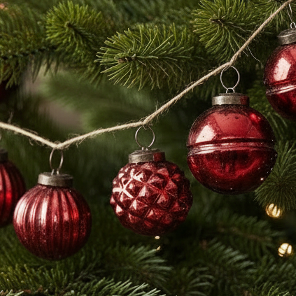 String of red glass ornaments on a Christmas tree