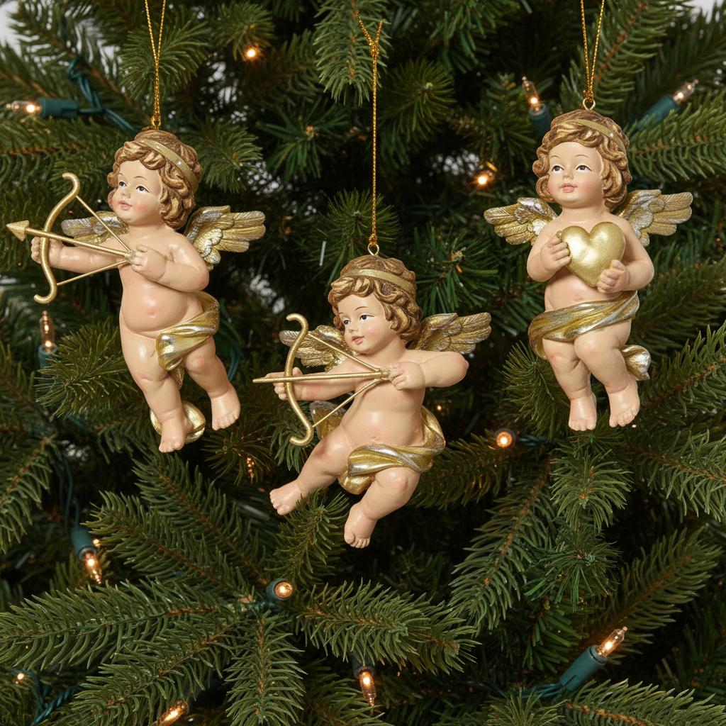 Three angel figurines with wings, one holding a bow and arrow, another with a heart, on a white background.