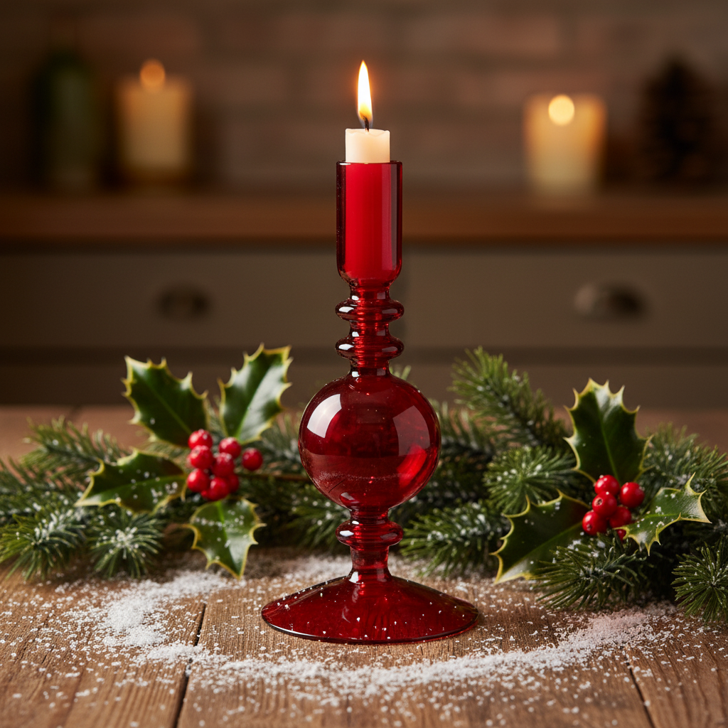 A red transparent glass candle holder with a conical base and a tall, rounded holder.