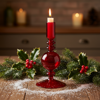 A red transparent glass candle holder with a conical base and a tall, rounded holder.
