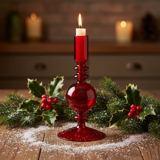 A red transparent glass candle holder with a conical base and a tall, rounded holder.