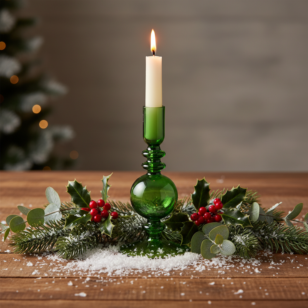 A green transparent glass candle holder with a vintage design, featuring a rounded body and a flickering candle.