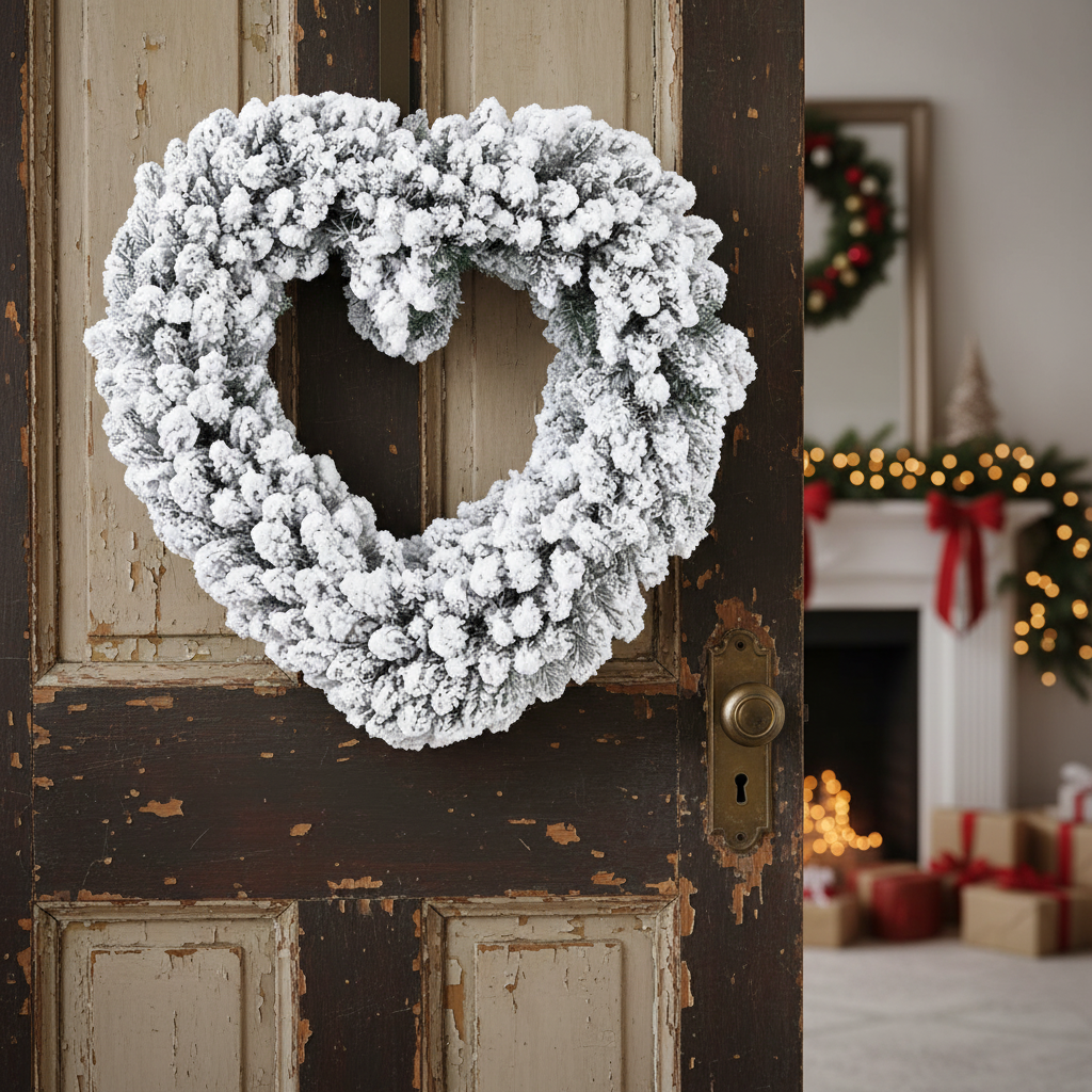 A heart-shaped wreath with green foliage and a snowy effect, designed for indoor use.