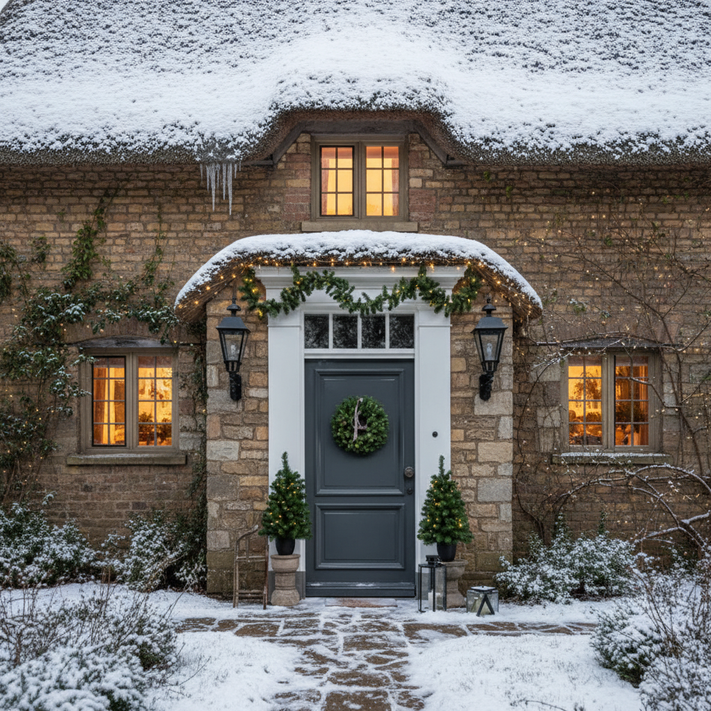 Cottage entrance with snow-covered roof and wreath on door