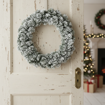 A round, green wreath with a snowy effect finish and plump snow-covered foliage, intended for indoor use.
