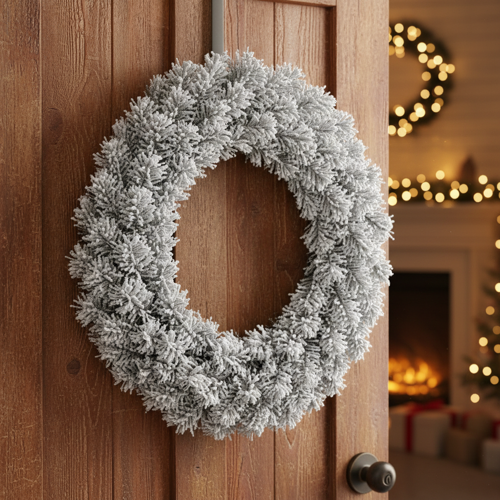 A circular green artificial Christmas wreath with a snowy effect finish, designed for indoor use.