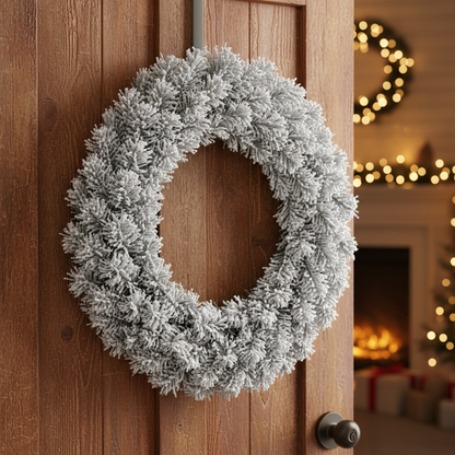 A circular green artificial Christmas wreath with a snowy effect finish, designed for indoor use.