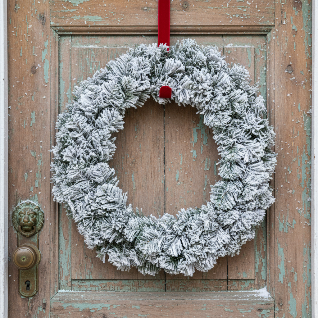 A circular green artificial Christmas wreath with a snowy effect finish, designed for indoor use.