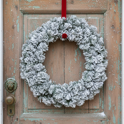 A circular green artificial Christmas wreath with a snowy effect finish, designed for indoor use.