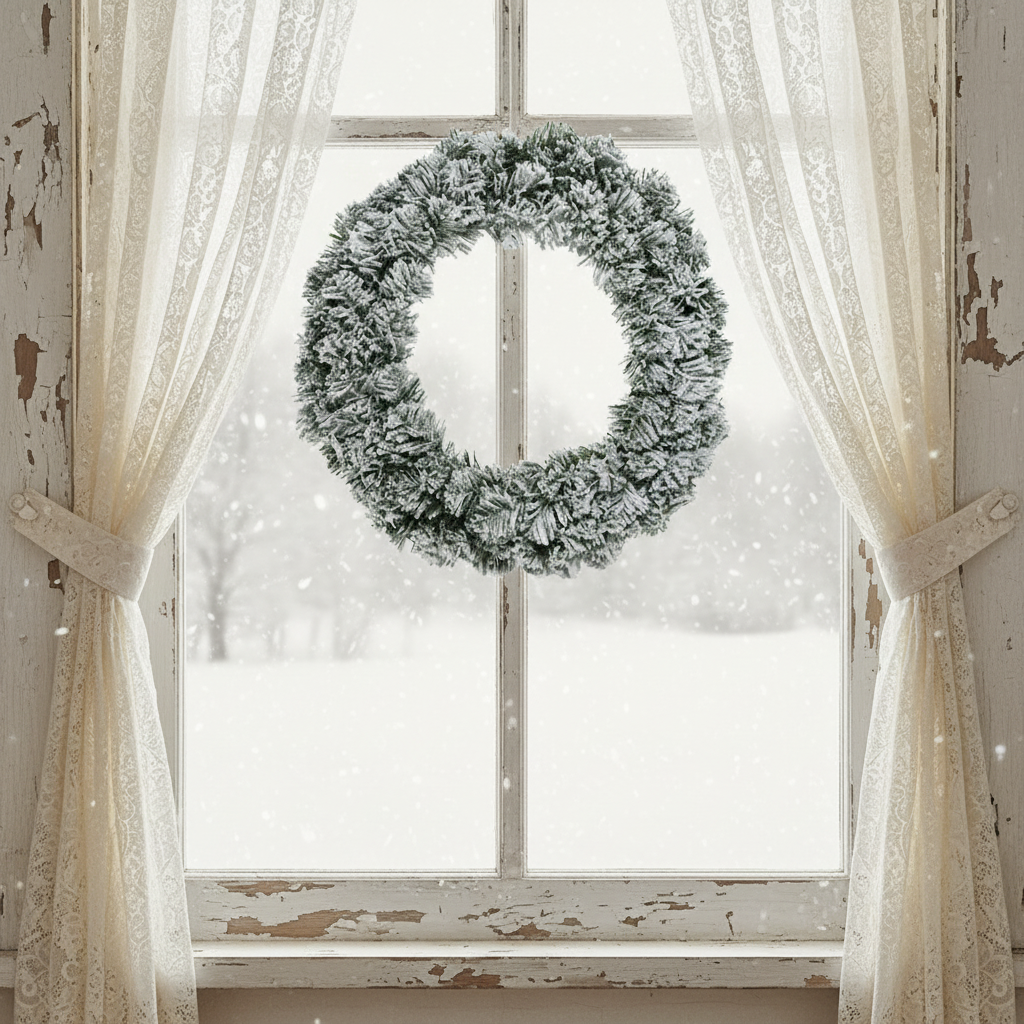 A circular green artificial Christmas wreath with a snowy effect finish, designed for indoor use.
