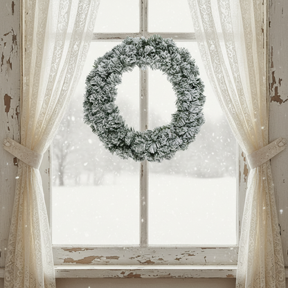 A circular green artificial Christmas wreath with a snowy effect finish, designed for indoor use.