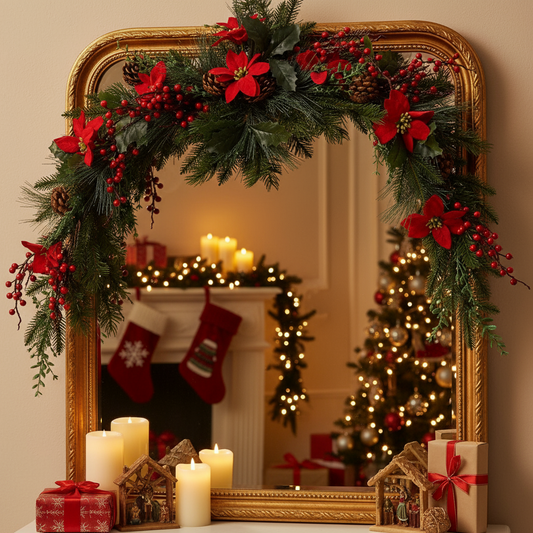 A red poinsettia Christmas garland with pinecones and berries, displayed against a white background.