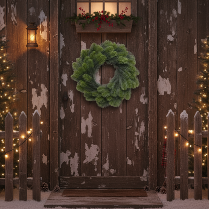 A real green Christmas wreath with real needles and PE tips, displayed against a white background.