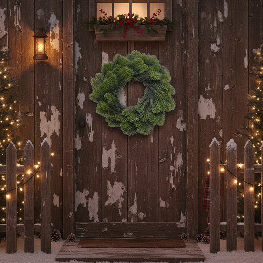 A real green Christmas wreath with real needles and PE tips, displayed against a white background.