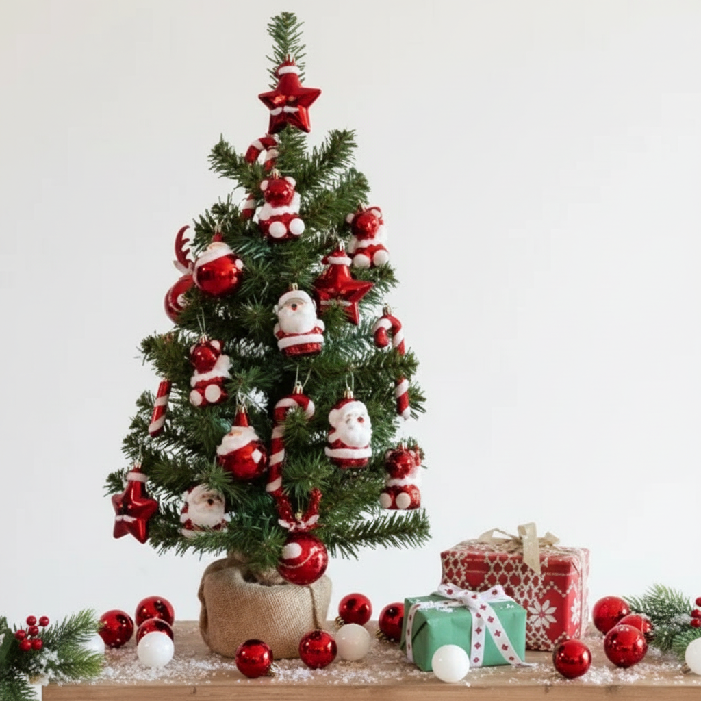 A pre-decorated mini Christmas tree with red baubles and green tree, placed on a wooden surface next to a red gift box with a Christmas pattern.