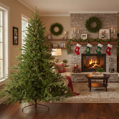 Living room with Christmas tree, stockings, and fireplace.