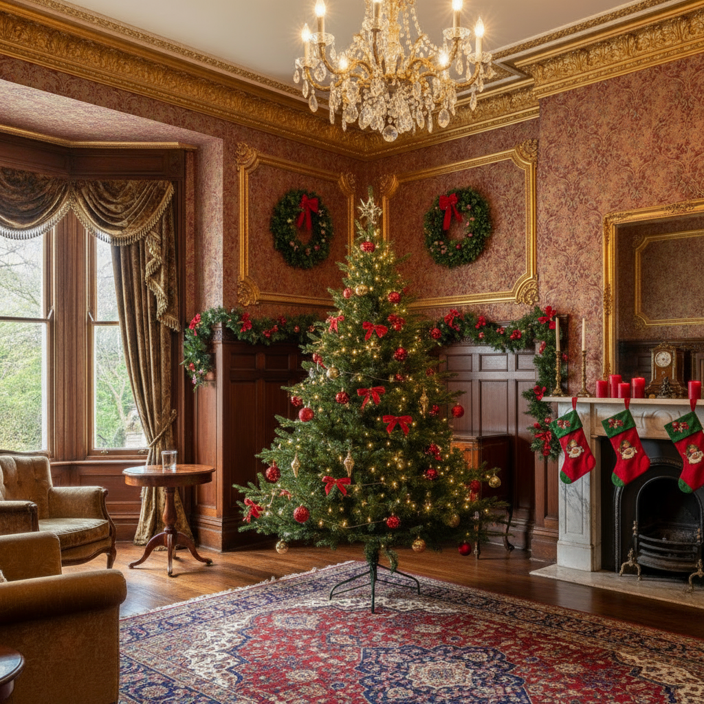 Decorated Christmas tree in a grand room with ornate decorations and a chandelier.