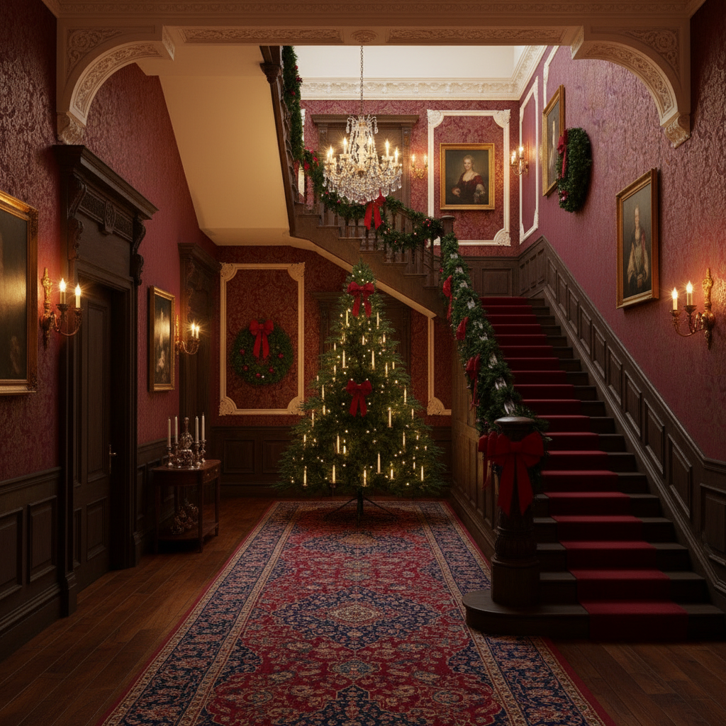 Decorated Christmas tree in a grand staircase with red accents and festive decorations.