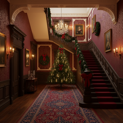 Decorated Christmas tree in a grand staircase with red accents and festive decorations.