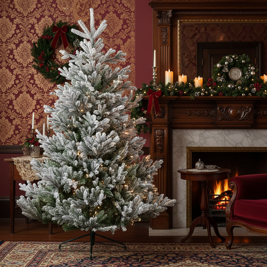 A 6ft/180cm frosted green Christmas tree with pre-shaped branches and a metal foot.