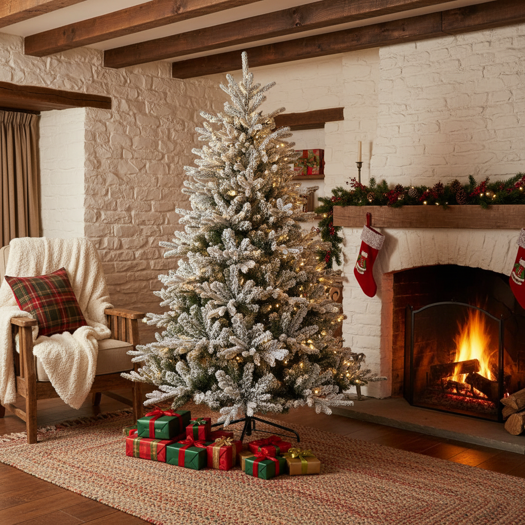 A 6ft/180cm frosted green Christmas tree with pre-shaped branches and a metal foot.