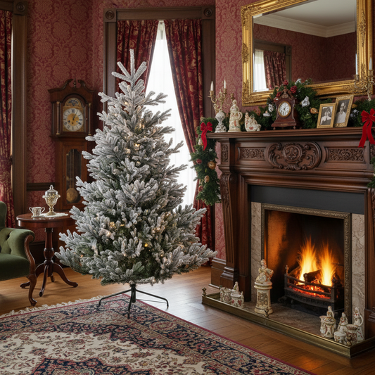 A pre-shaped, frosted green Christmas tree with metal foot and reel needle look branches.